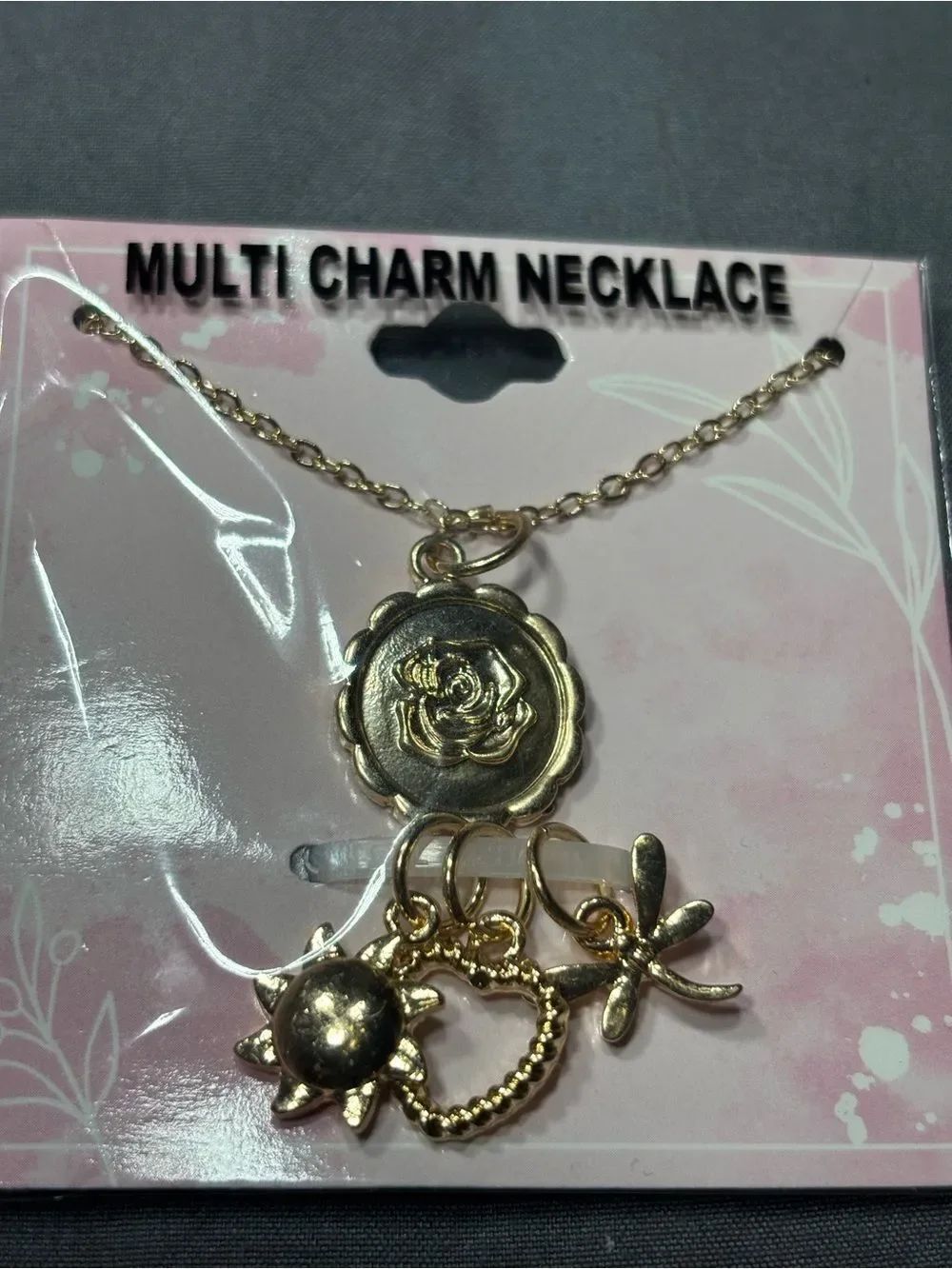 New Gold Multi Charm Necklace with Heart Floral and Dragonfly Charms